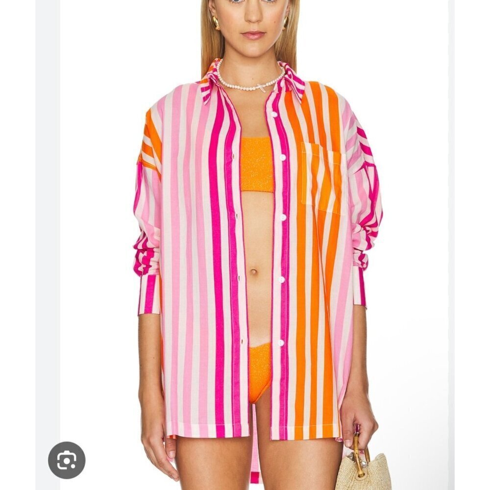 Beach Riot Alexa over shirt in sunset stripes, pink/ orange, Size L